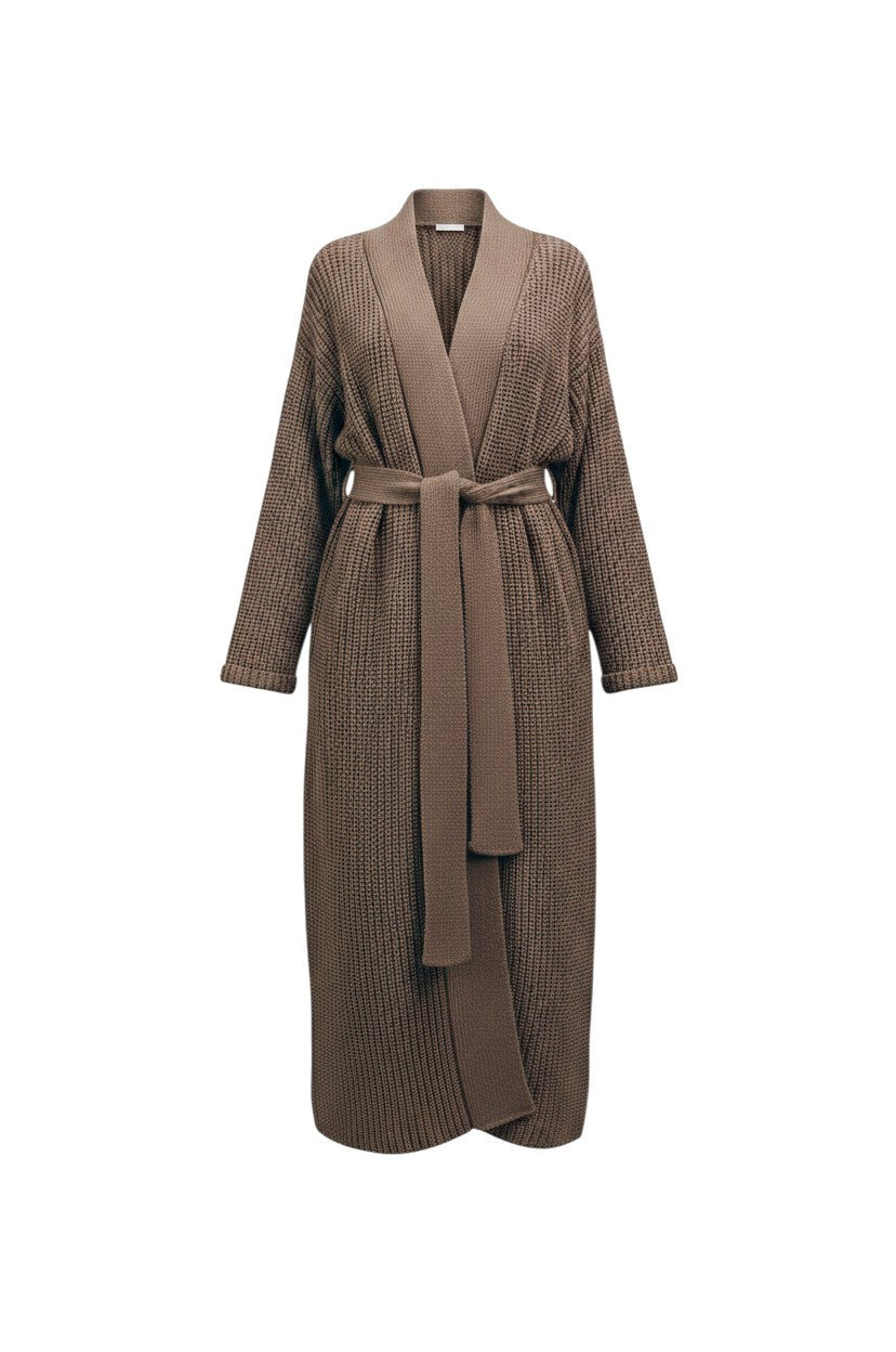 AMI CHÉRIE DESIGN STUDIO The Maison Robe, a full-length unisex robe in warm brown organic cotton knit with a tie belt.